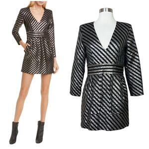 Smythe | Metallic Striped Silver Black Plunge Neck Designer Cocktail Mini Dress